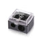 Refect Beauty Golden Rose dual-hole makeup pencil sharpener with a clear protective cover and black plastic body.