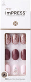 Refect Beauty Kiss imPRESS press-on nails in pink, glitter, and burgundy with rhinestone accents in short length.