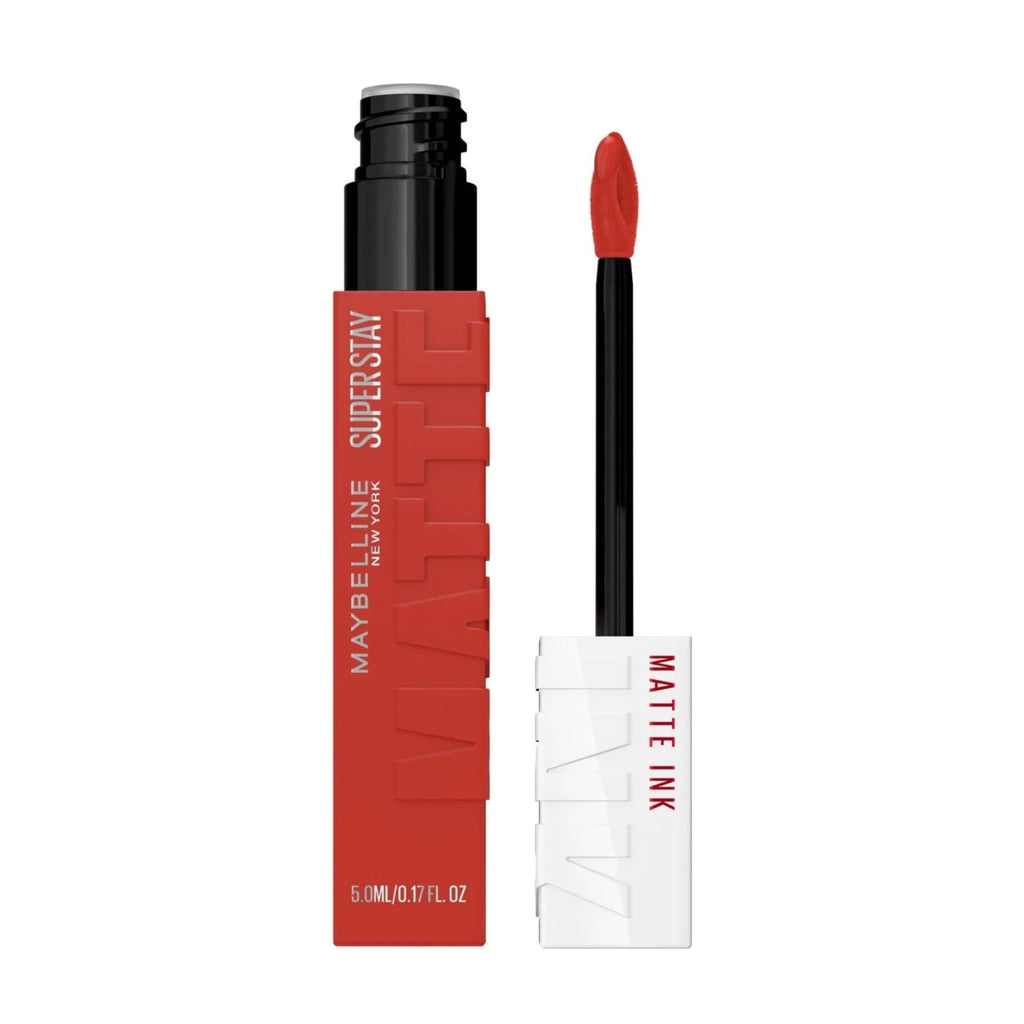 Refect Beauty Maybelline Super Stay Matte Ink liquid lipstick in a vibrant red shade with a precision arrow applicator.