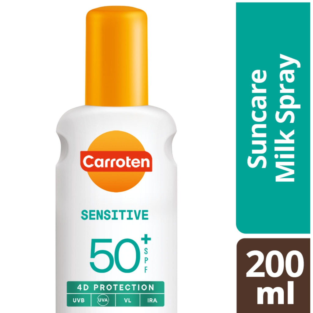 Refect Beauty Carroten Sensitive 4D Protection Milk Spray SPF 50+ in a white bottle with an orange cap.