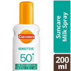 Refect Beauty Carroten Sensitive 4D Protection Milk Spray SPF 50+ in a white bottle with an orange cap.