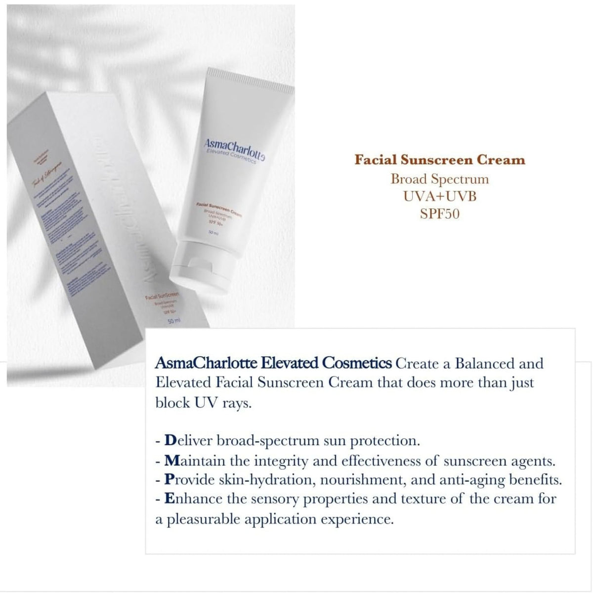AsmaCharlotte Facial Sunscreen Cream - SPF 50+