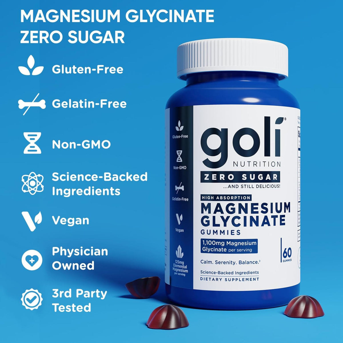Goli Nutrition Zero Sugar Magnesium Gummies -- 60 Gummies