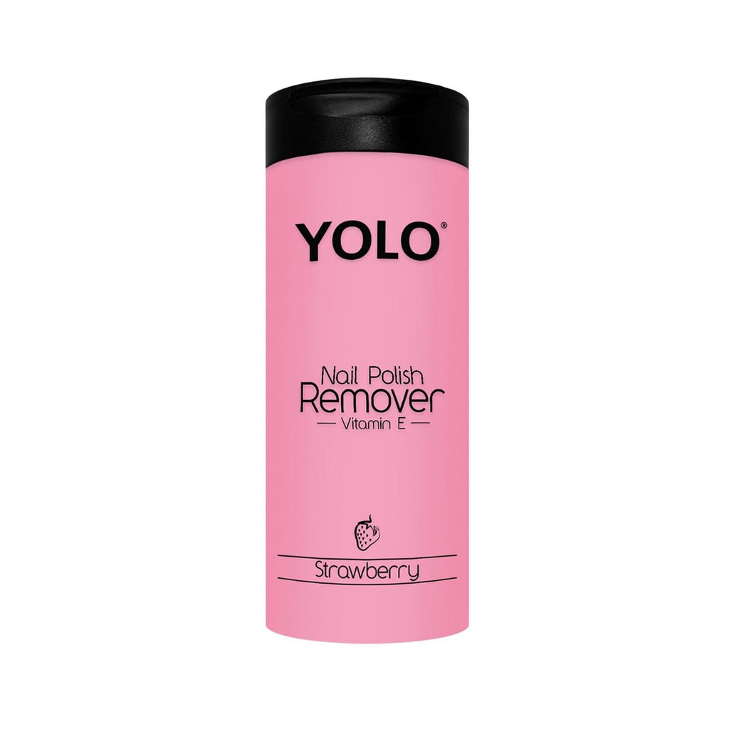 Refect Beauty Yolo strawberry scented nail polish remover in a pink bottle with Vitamin E for healthy nails