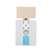 A rectangular white perfume bottle with a light wood cap and a gold collar, featuring a white and blue label with the brand name 'Pucci Garden' and 'Bianco Latte'.