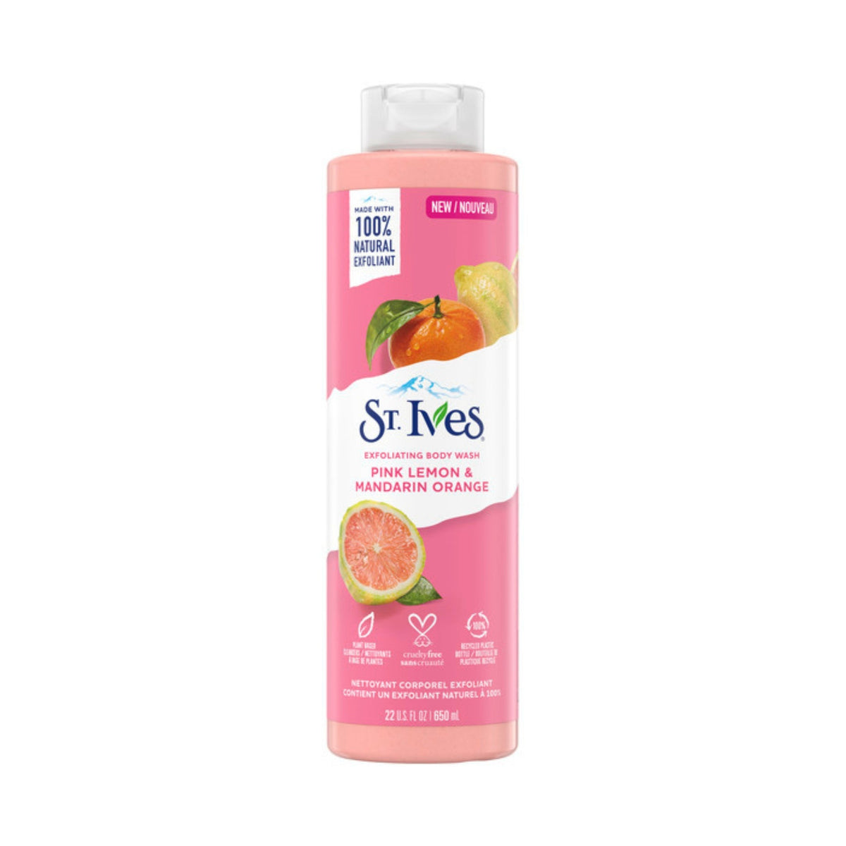 Refect Beauty St. Ives Pink Lemon and Mandarin Orange exfoliating body wash in a pink bottle with citrus fruit imagery.