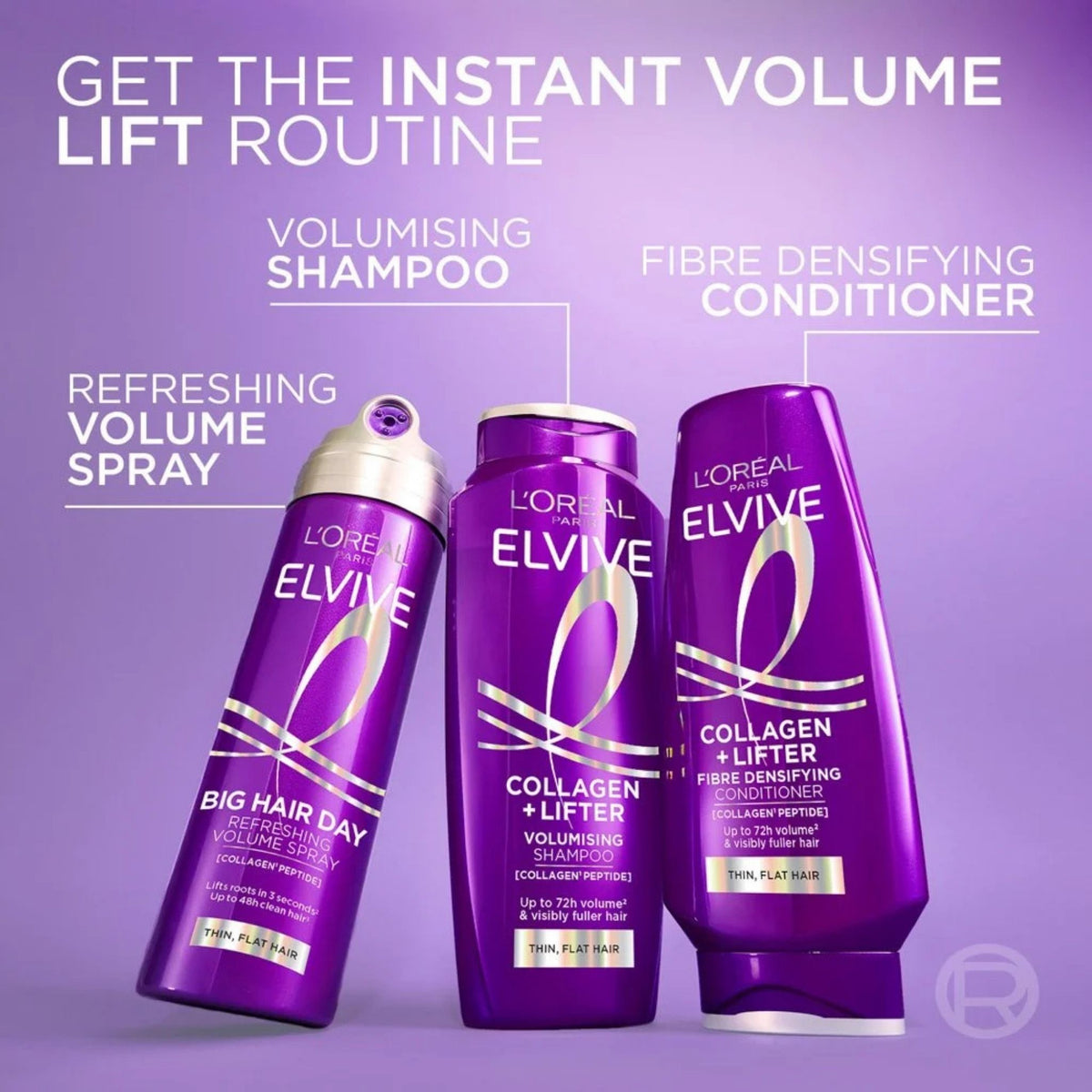 Three L'Oréal Paris L'Oréal Revitaline ELVIVE hair care products on a purple gradient background with promotional text: a volumising shampoo bottle, a collagen + lifter conditioner bottle, and a refreshing volume spray can.