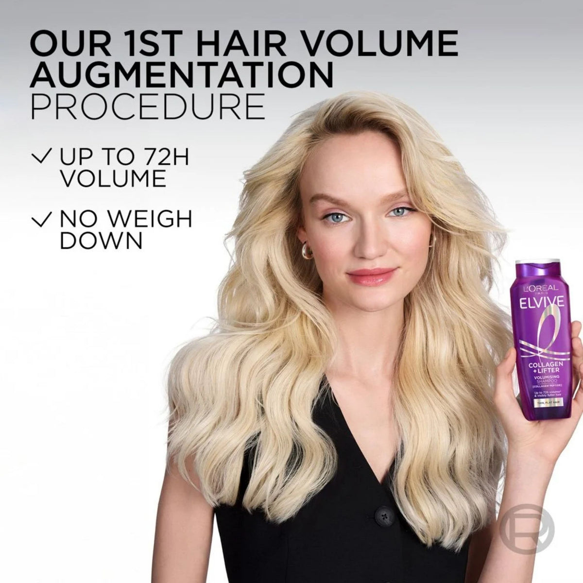 Woman with voluminous blonde hair holding a bottle of L'Oreal Elvive shampoo, with text about hair volume augmentation.