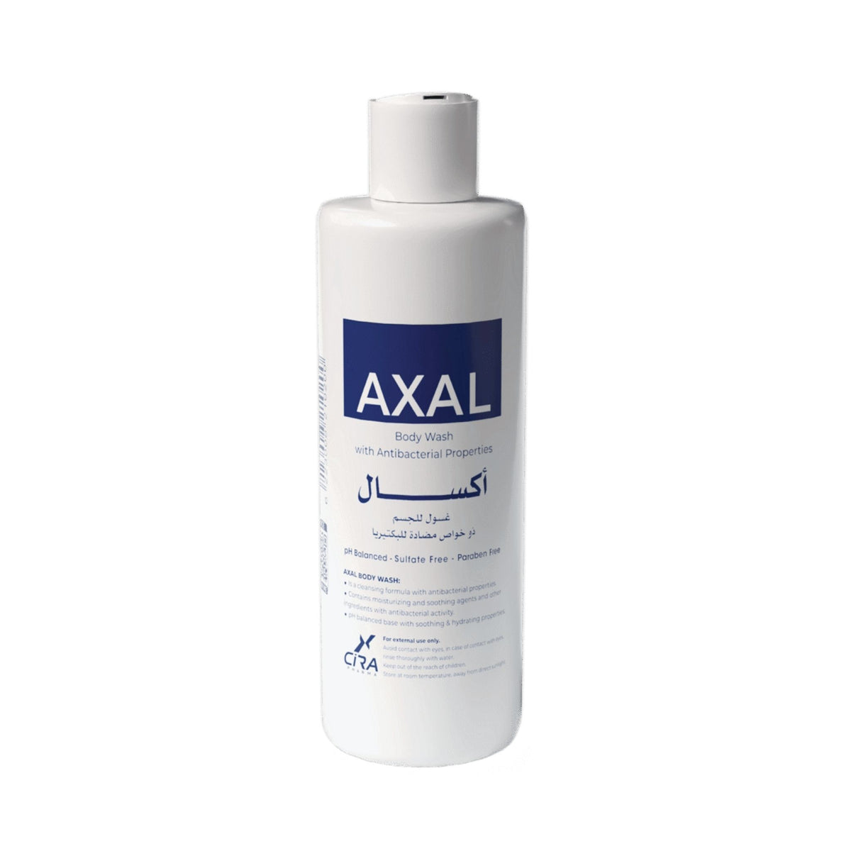 A white plastic bottle of AXAL body wash with a white cap, featuring a blue label with white text, on a plain white background.