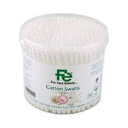 A clear plastic tub filled with white cotton swabs, featuring a white label with green and black text and a logo that reads 'For Your Beauty' and 'Cotton Swabs'.