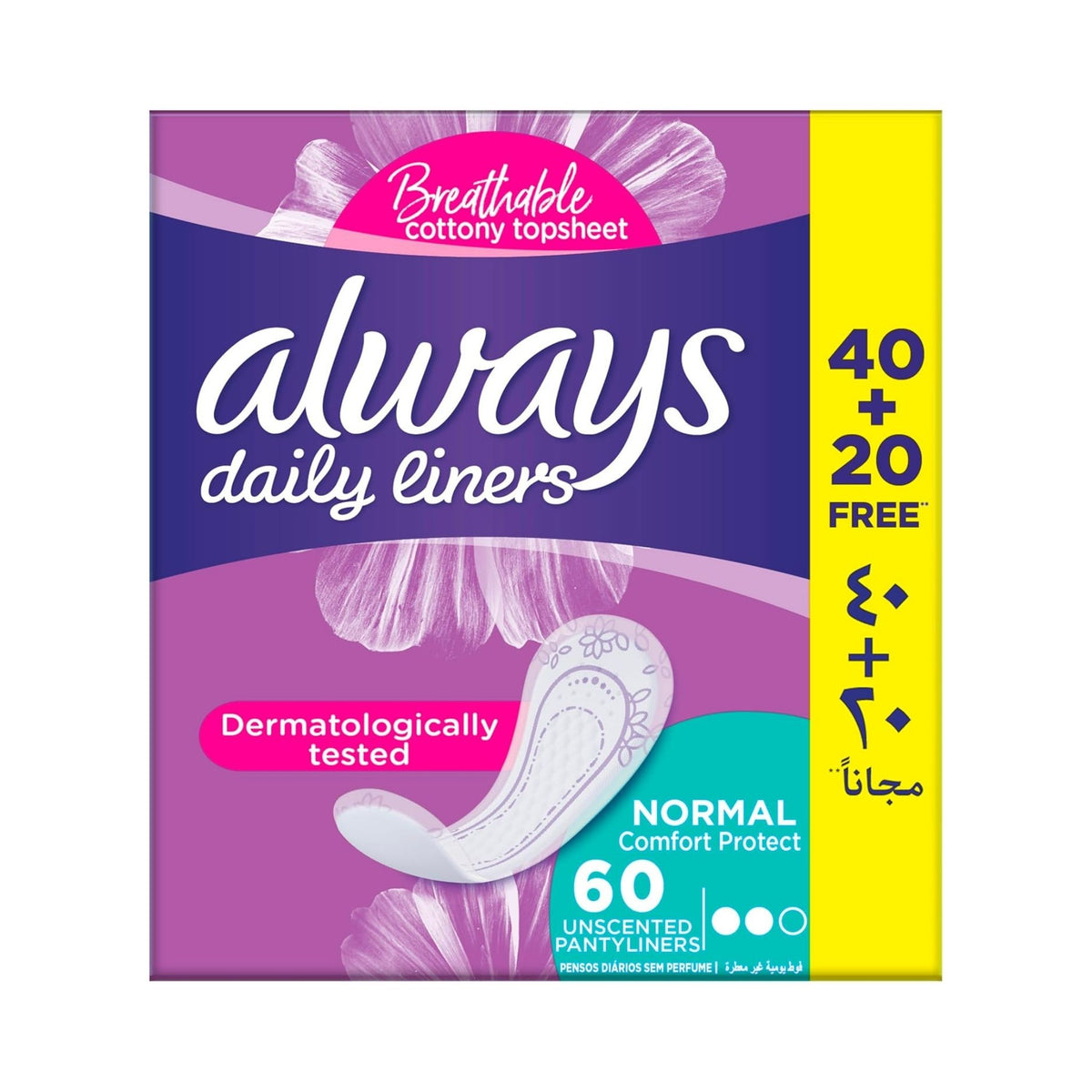 Always Daily Liners Comfortable Pro 40 Panty Liners + 20 Free