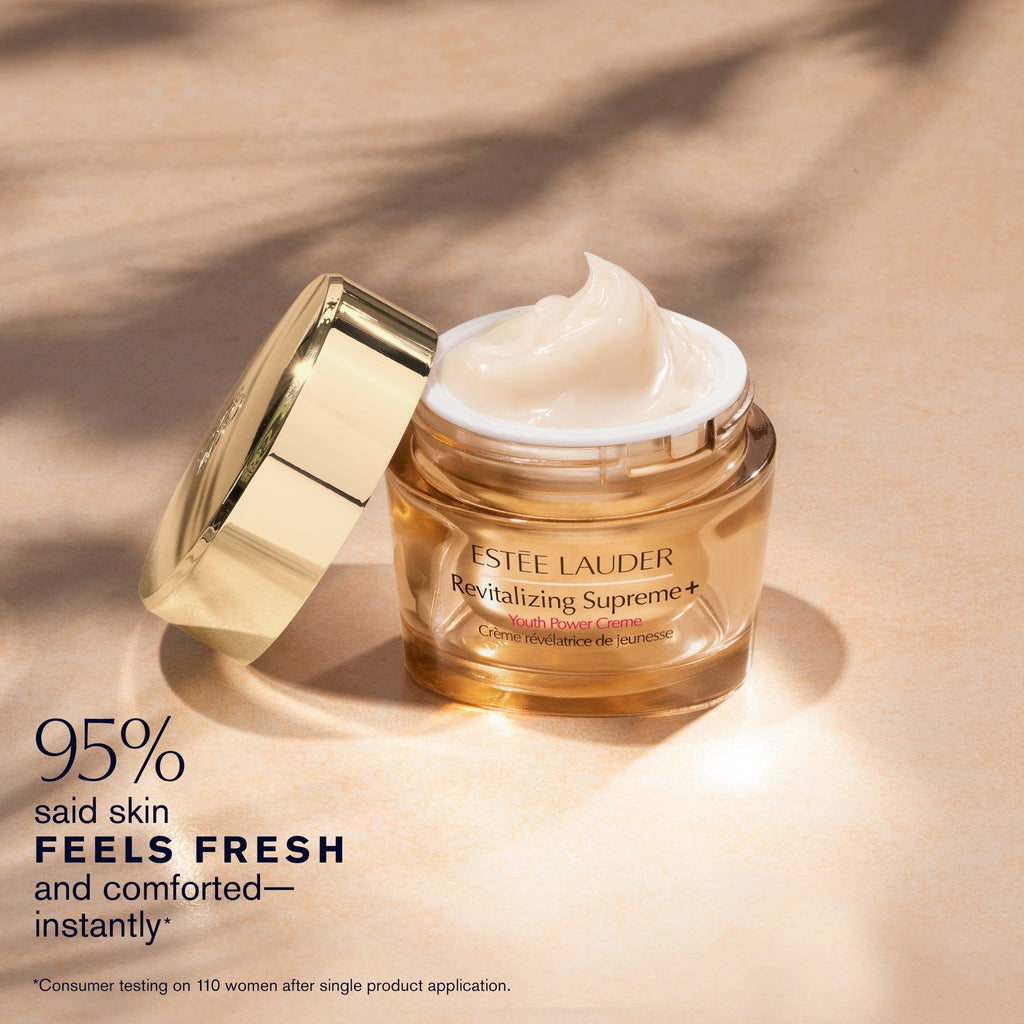 Refect Beauty Estée Lauder Revitalizing Supreme+ Youth Power Creme in a gold jar with a creamy texture.