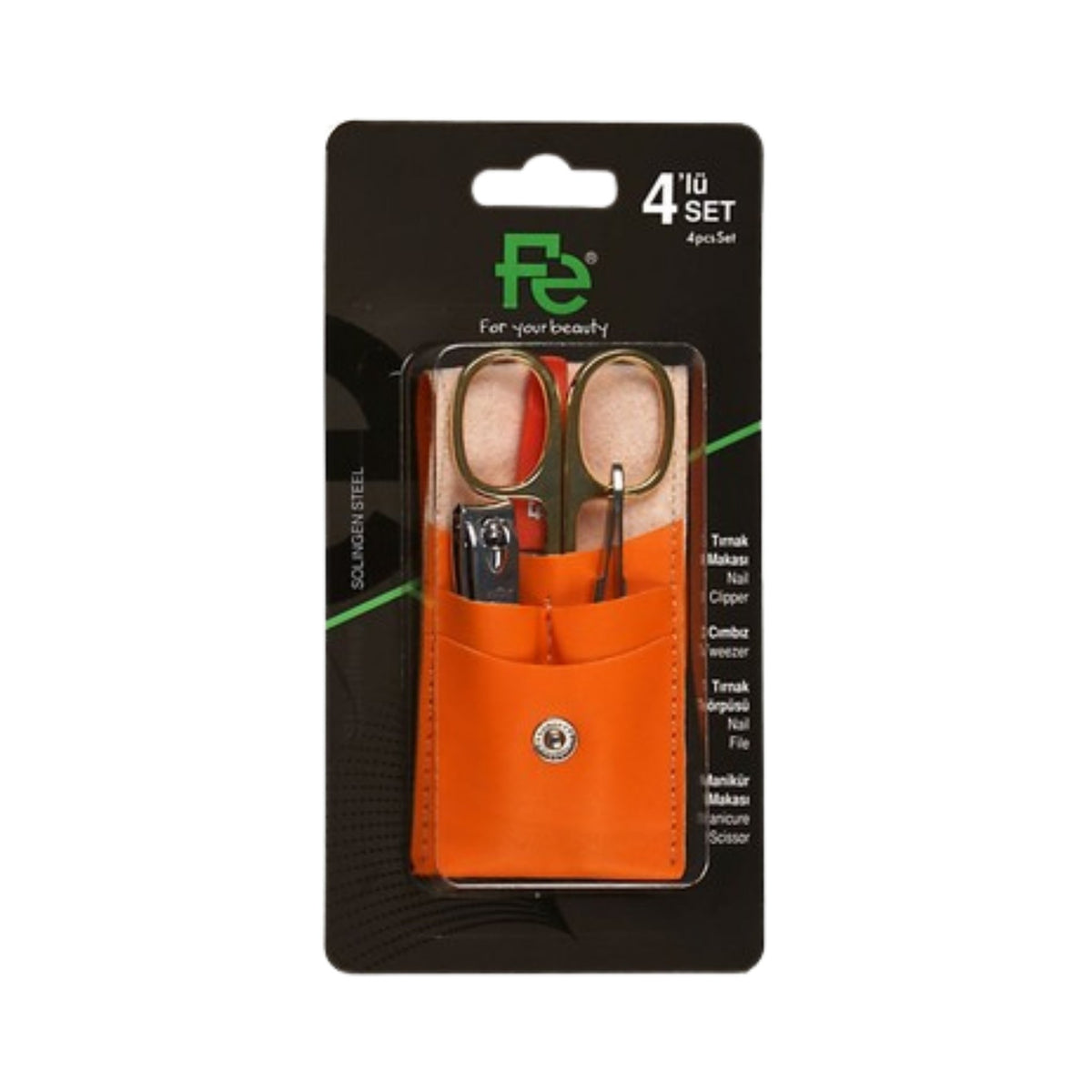 Refect Beauty Fe 4-piece stainless steel manicure set in an orange leather-look pouch on a retail display card.