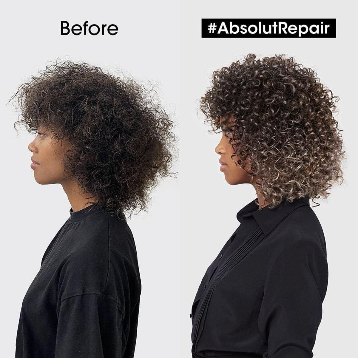 Refect Beauty L'Oréal Professionnel Absolut Repair Mask before and after results on curly hair showing smoother texture