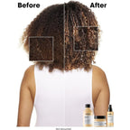 Refect Beauty before and after comparison showing curly hair transformed from frizzy to smooth using L'Oréal hair oil