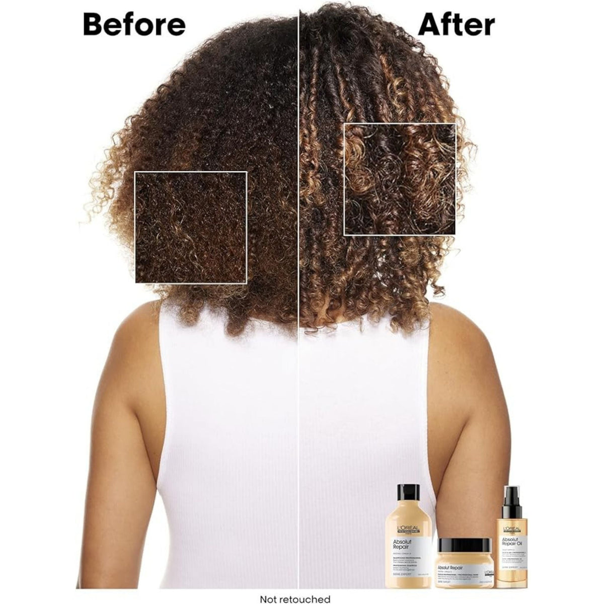 Refect Beauty before and after comparison showing curly hair transformed from frizzy to smooth using L'Oréal hair oil