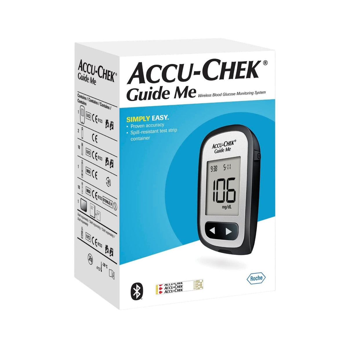 Refect Beauty Accu-Chek Guide Me blood glucose monitor kit in white packaging with digital display showing 106 mg/dL
