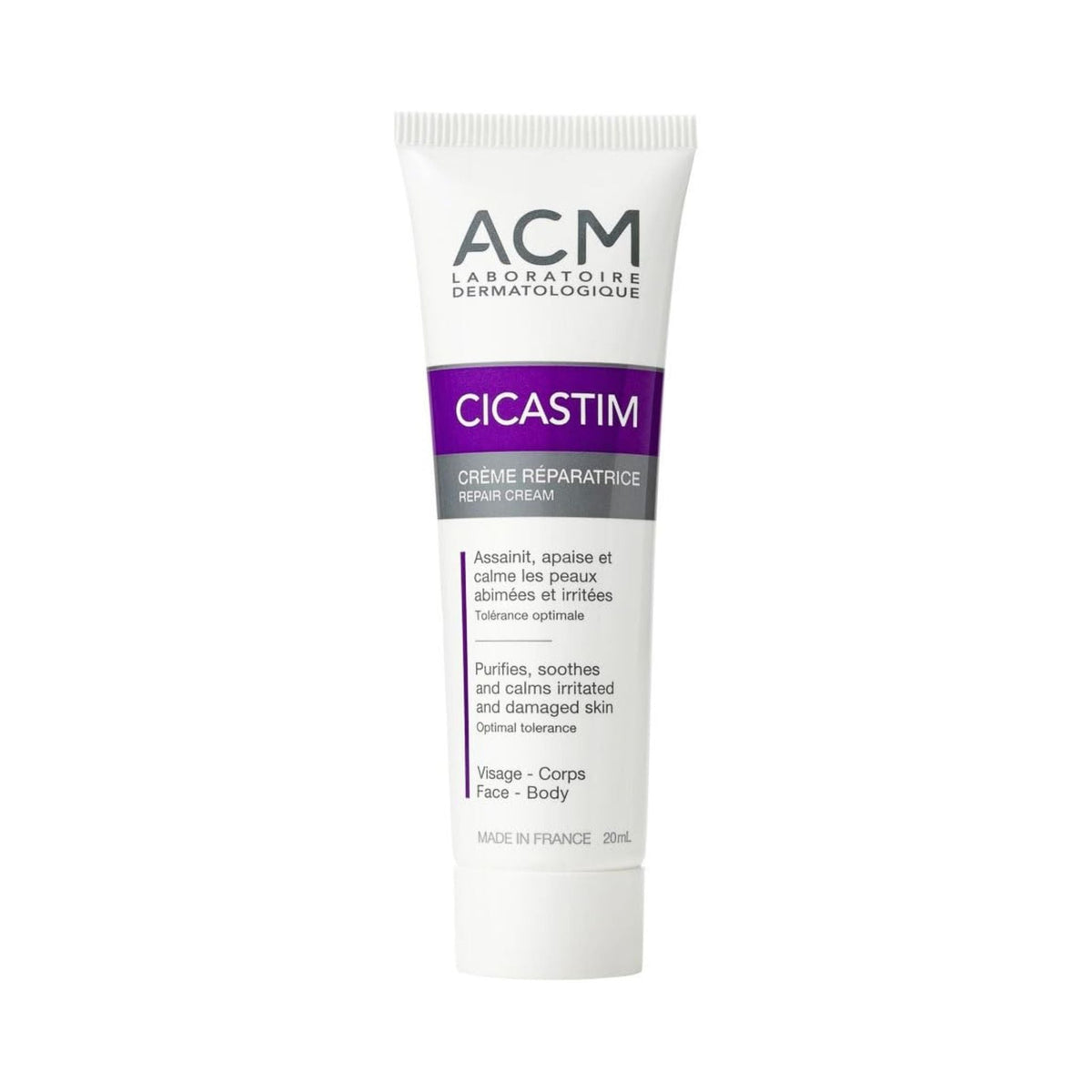 Refect Beauty ACM Cicastim Repair Cream in a white 20ml tube for soothing and restoring irritated face and body skin.