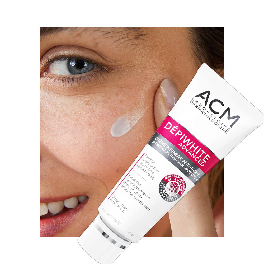 Refect Beauty ACM Depiwhite Advanced cream applied to a woman's cheek to treat dark spots and even skin tone