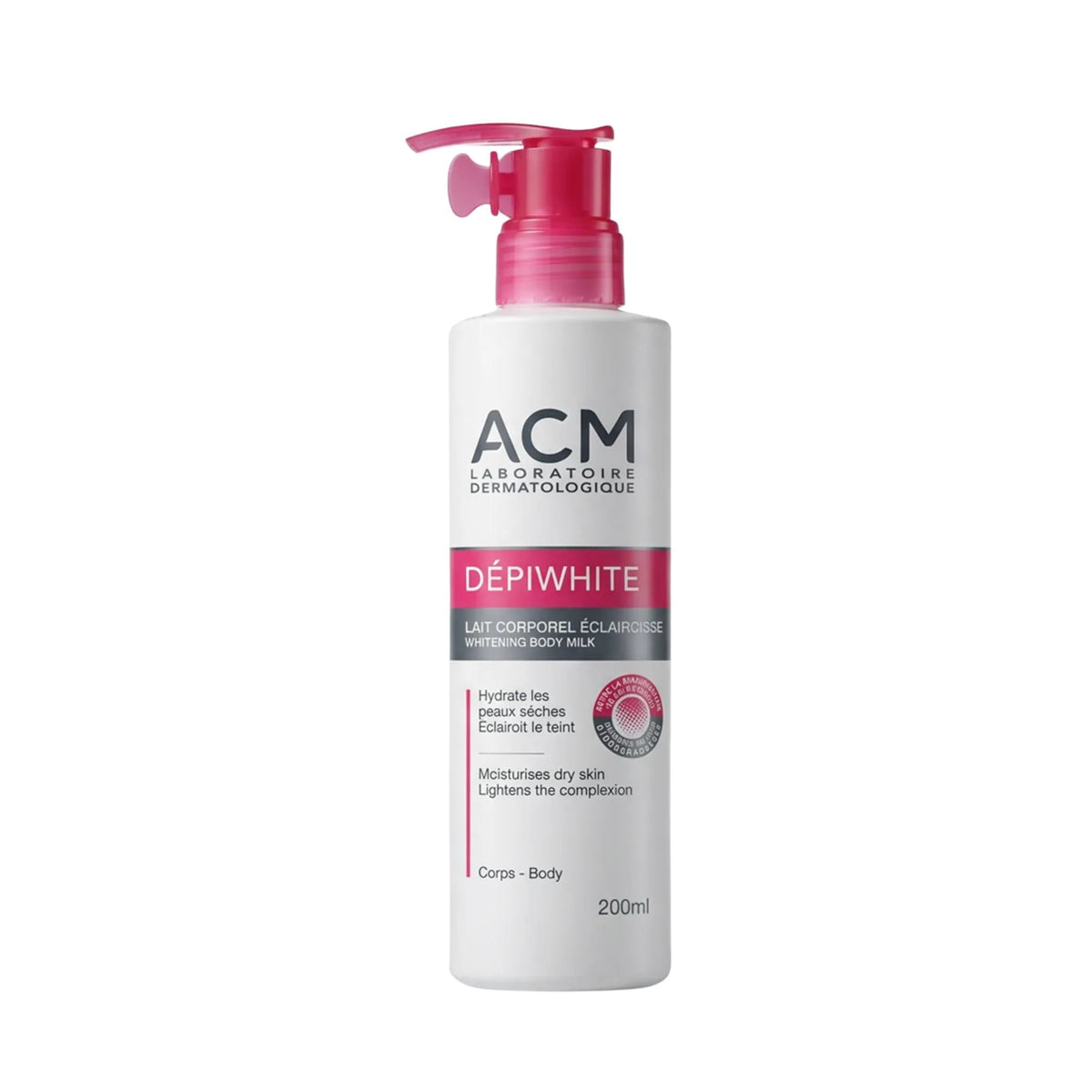 Refect Beauty ACM Depiwhite Body Milk in a white bottle with a pink pump dispenser for moisturizing and skin toning.
