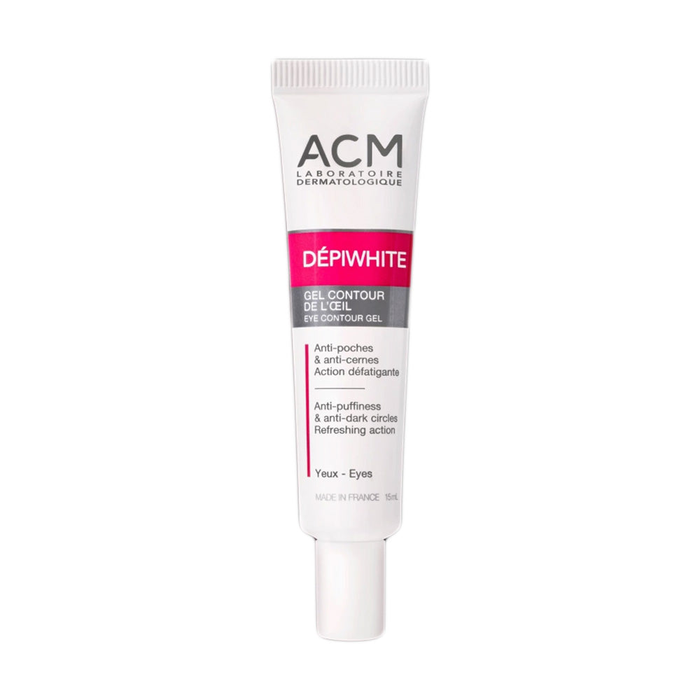 Refect Beauty ACM Depiwhite Eye Contour Gel in a white 15ml tube for reducing dark circles and puffiness.