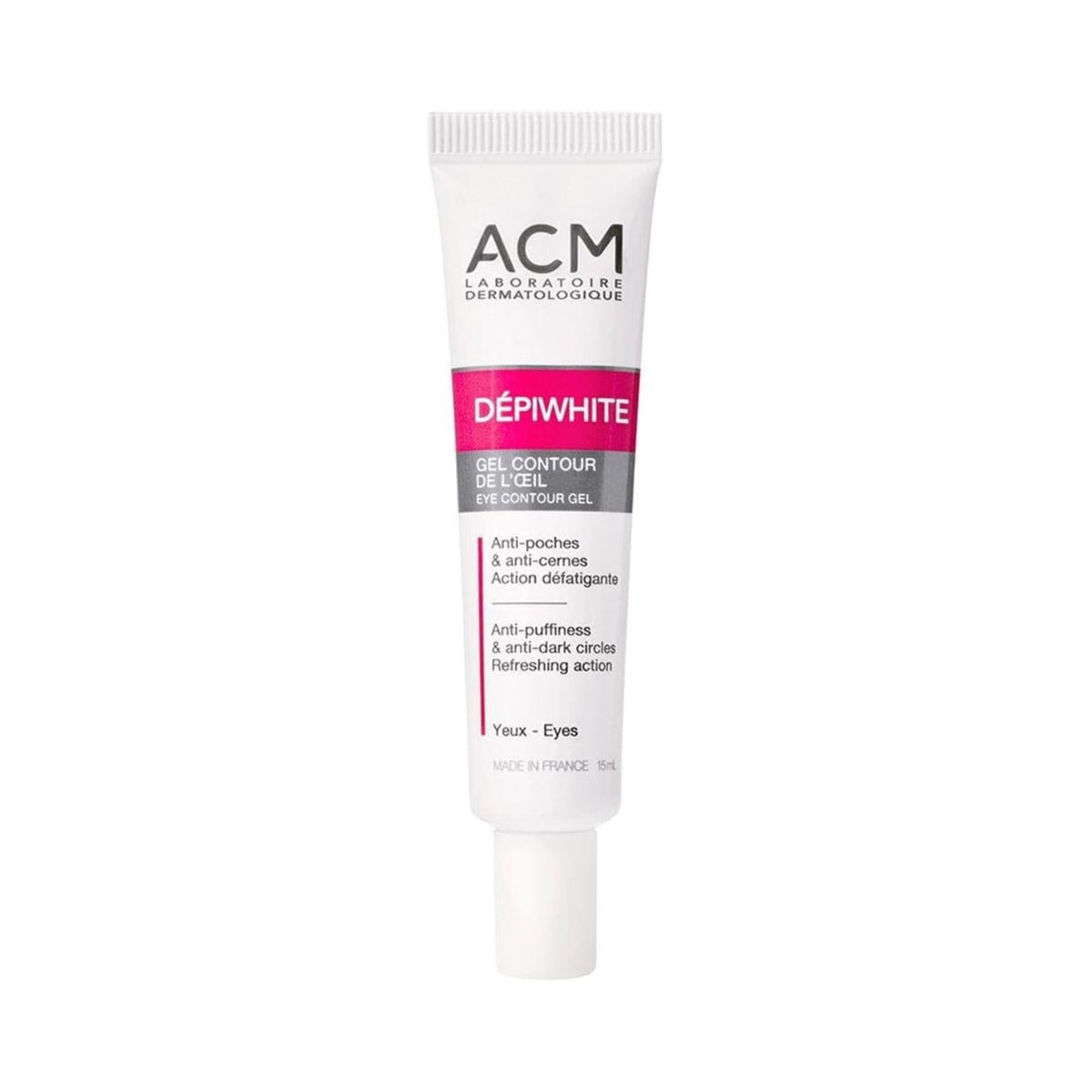 Refect Beauty ACM Depiwhite Eye Contour Gel in a white tube with pink branding for dark circles and puffiness.