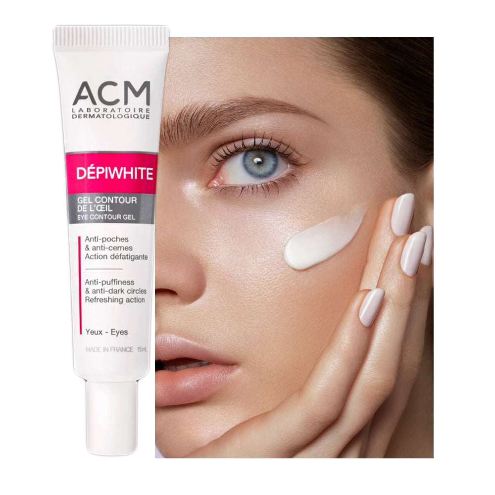 Refect Beauty ACM Depiwhite Eye Contour Gel tube next to a woman applying the cream under her eye for dark circles.