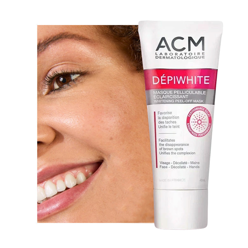 Refect Beauty ACM Depiwhite whitening peel-off mask tube next to a smiling woman with radiant skin