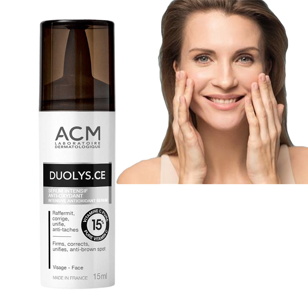 Refect Beauty ACM DUOLYS.CE intensive antioxidant serum bottle next to a woman applying skincare to her face