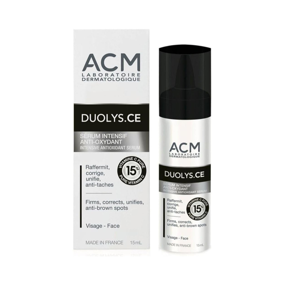 Refect Beauty ACM DUOLYS.CE intensive antioxidant serum bottle and box featuring 15 percent pure Vitamin C formula.