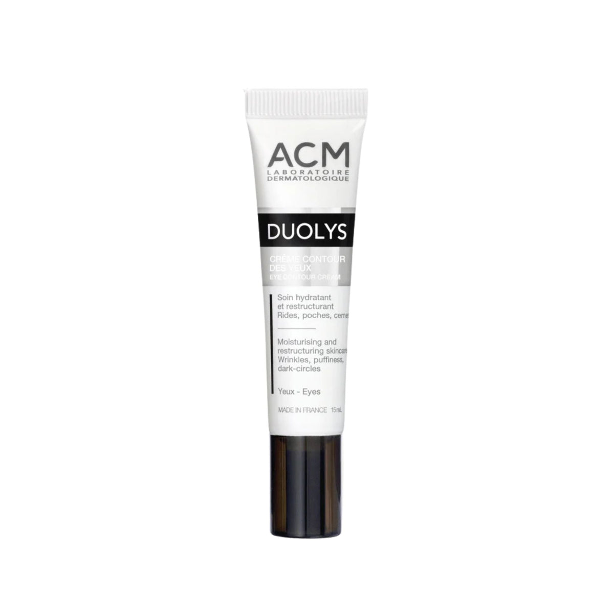 Refect Beauty ACM Duolys Eye Contour Cream in a white and dark brown squeeze tube for hydrating delicate skin.