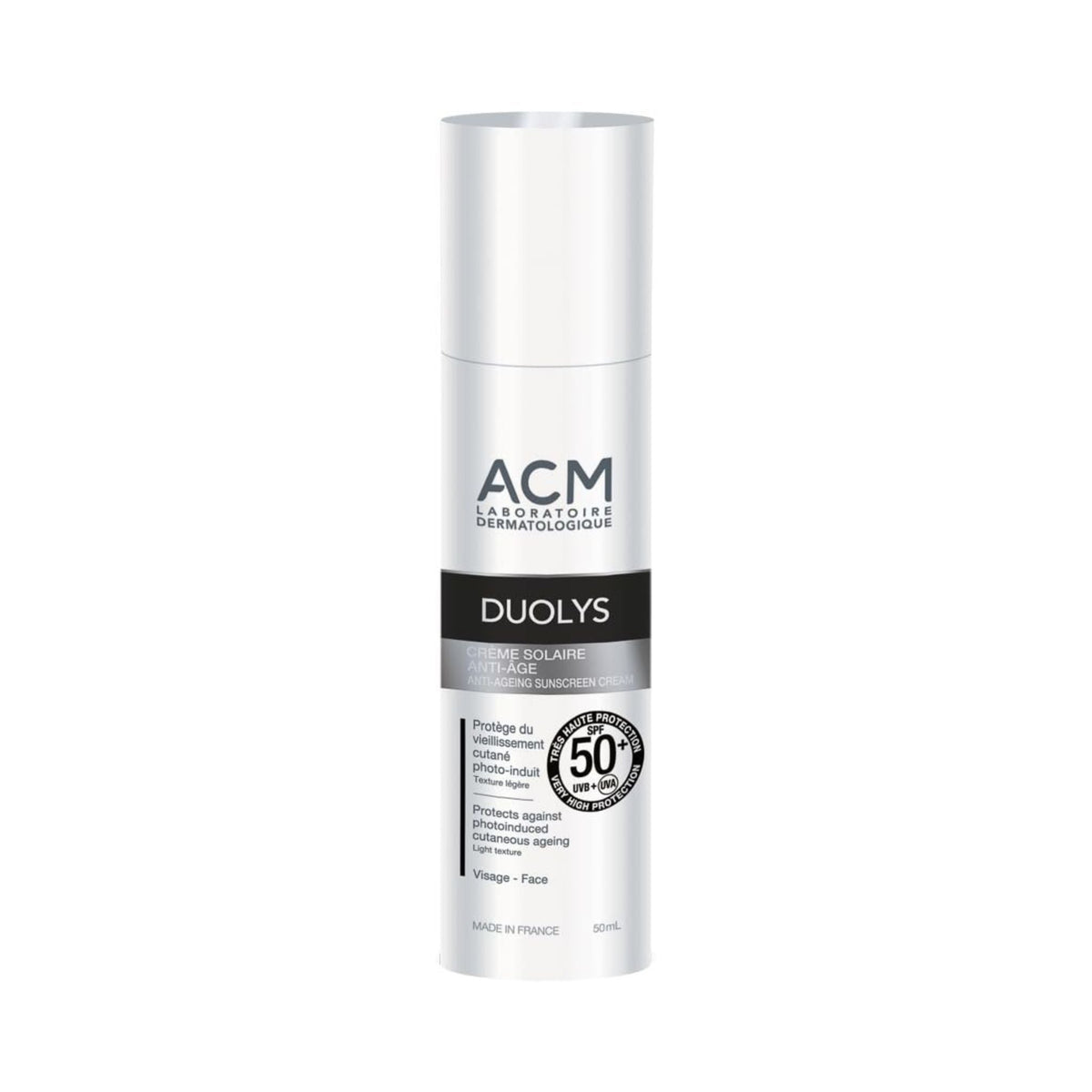 Refect Beauty ACM Duolys Anti-Ageing UV SPF 50+ facial sunscreen cream in a white 50ml pump bottle