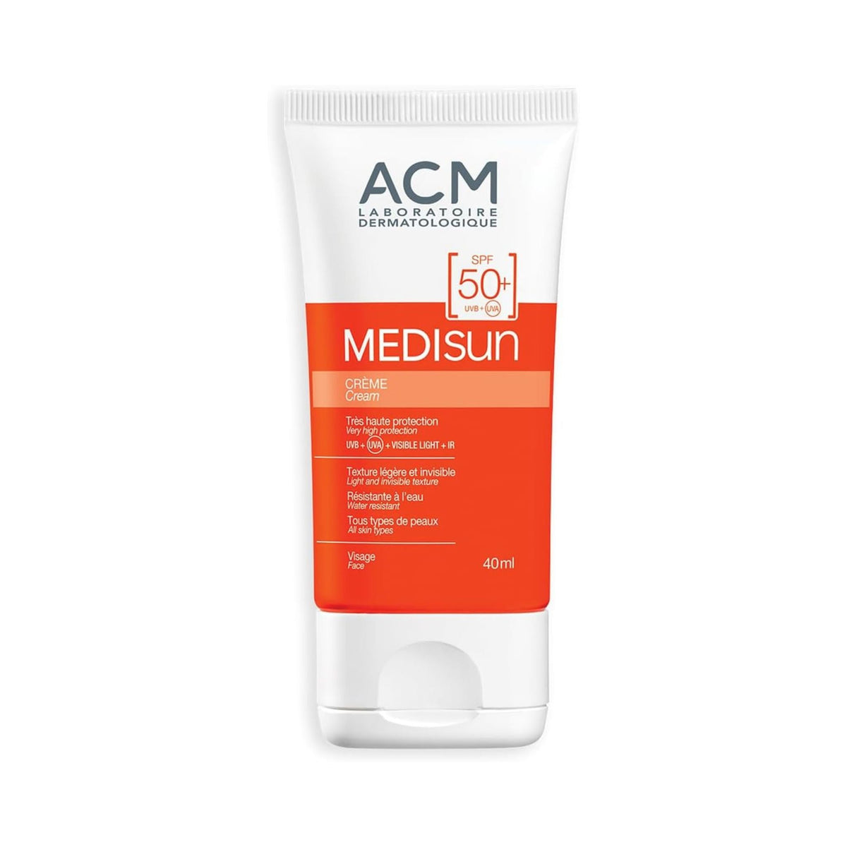 Refect Beauty ACM MEDISUN SPF50 facial sunscreen cream in a white and orange tube for all skin types.