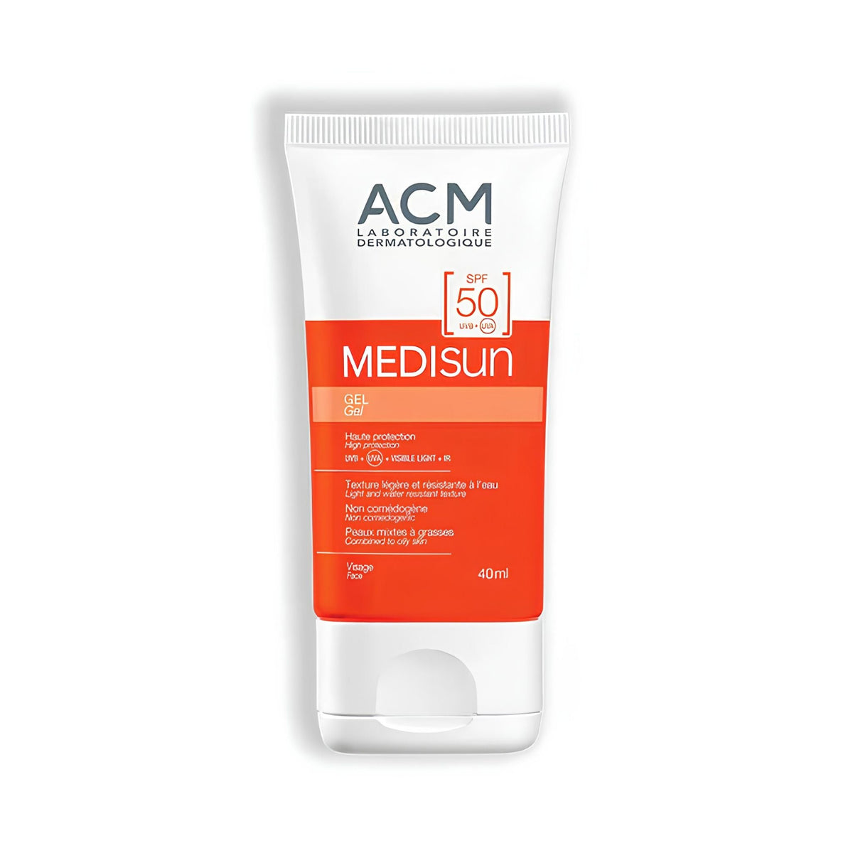 Refect Beauty ACM Medisun SPF50 sunscreen gel in a white and orange squeeze tube for oily and combination skin