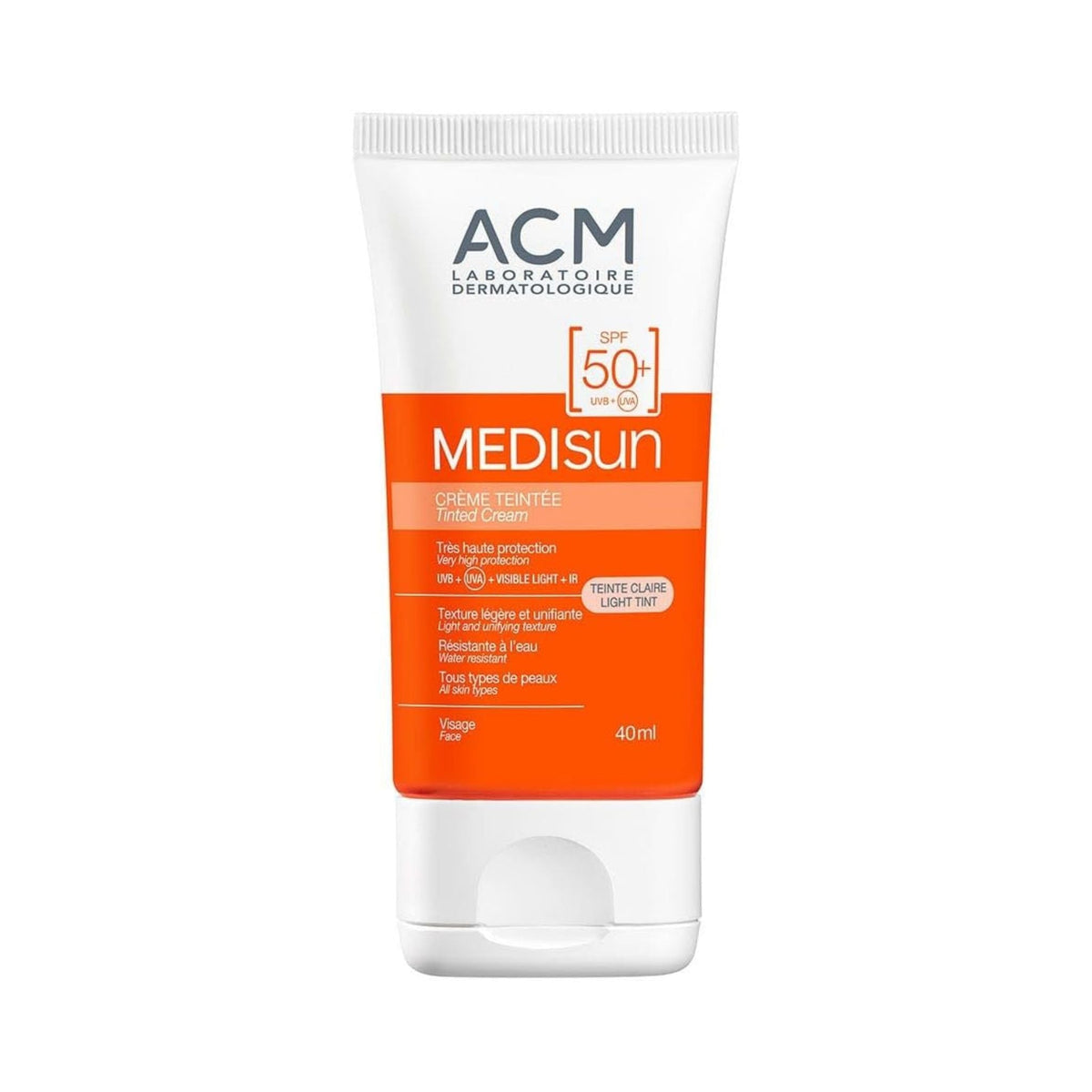 Refect Beauty ACM MEDISUN Tinted Cream SPF50+ sunscreen in a white and orange squeeze tube for face protection.