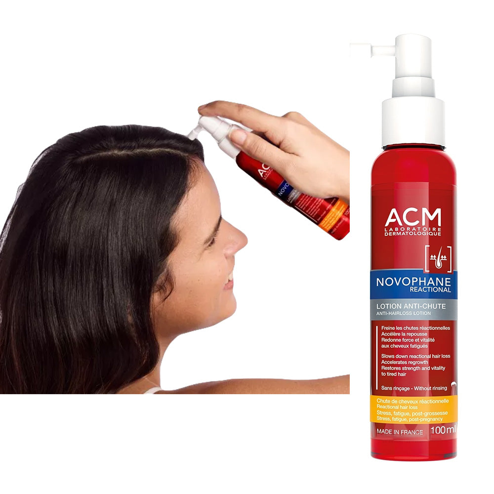 Refect Beauty ACM Novophane anti-hair loss lotion being applied to a woman's scalp to strengthen and stimulate growth.