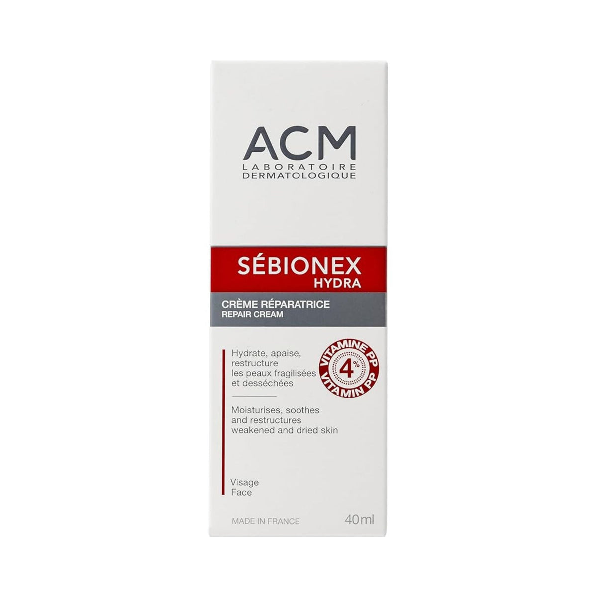 Refect Beauty ACM Sebionex Hydra Repair Cream in a white and red 40ml tube box for dry and irritated skin
