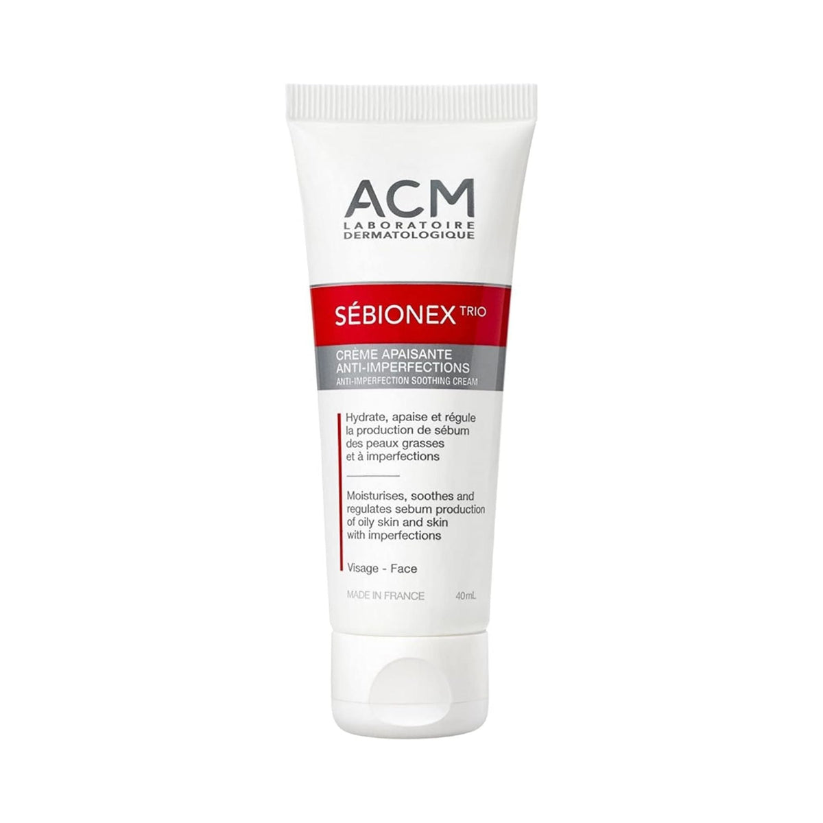 Refect Beauty ACM Sebionex Trio anti-imperfection soothing cream in a 40ml white tube for oily and acne-prone skin.