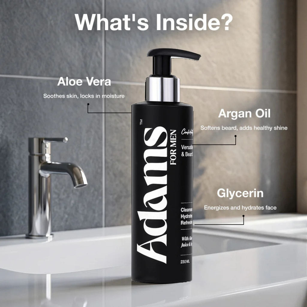 Refect Beauty Adams face and beard wash bottle with ingredient highlights for aloe vera, argan oil, and glycerin.