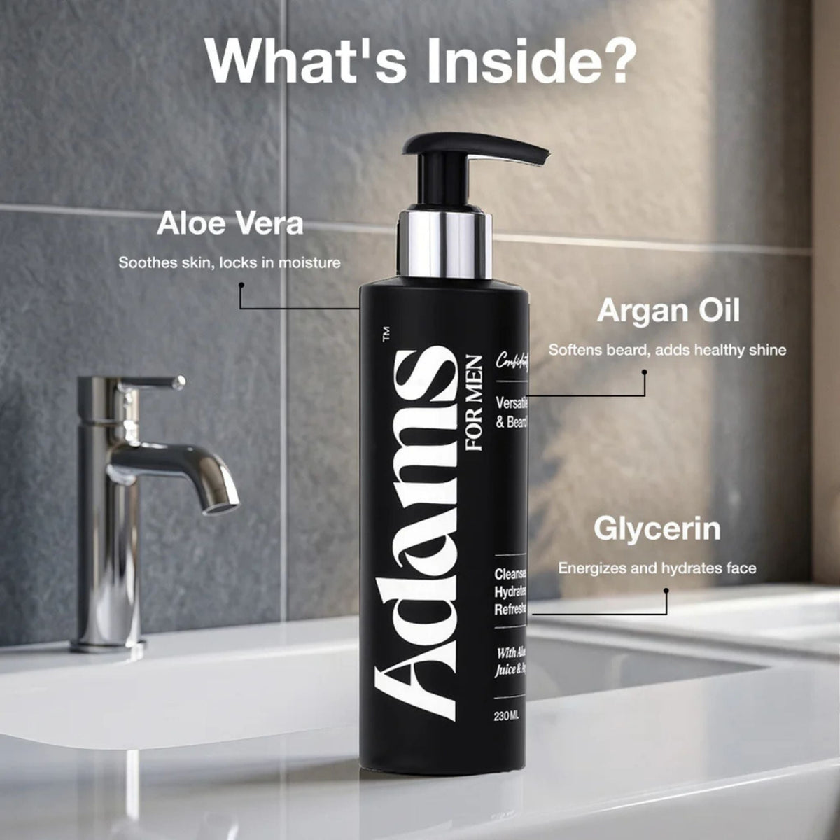 Refect Beauty Adams face and beard wash bottle with ingredient highlights for aloe vera, argan oil, and glycerin.