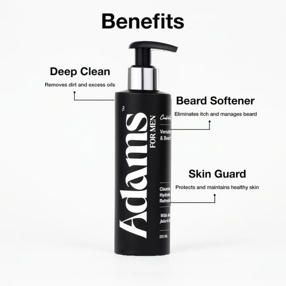 Refect Beauty Adams Versatile Face & Beard Wash bottle with pump dispenser and benefits text on white background