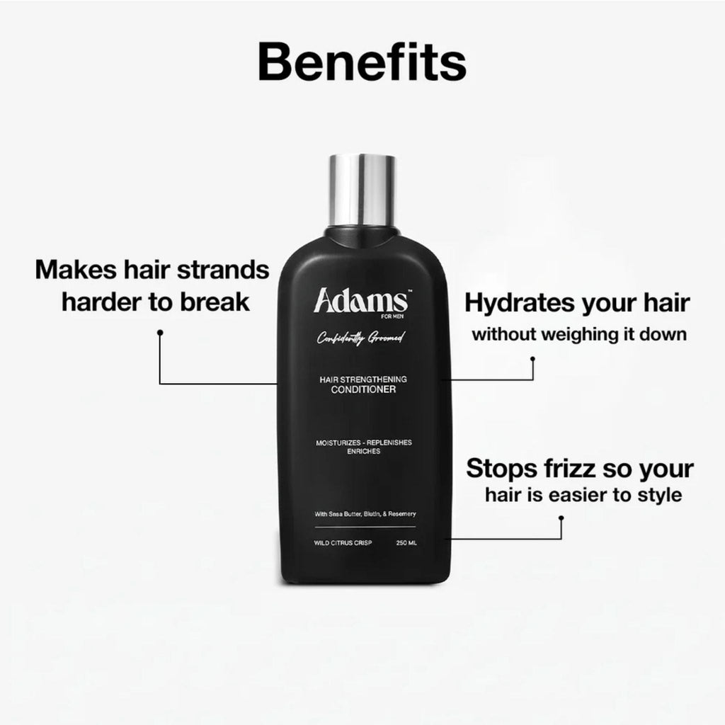 Refect Beauty Adams for Men hair strengthening conditioner bottle with benefits text overlay on a white background