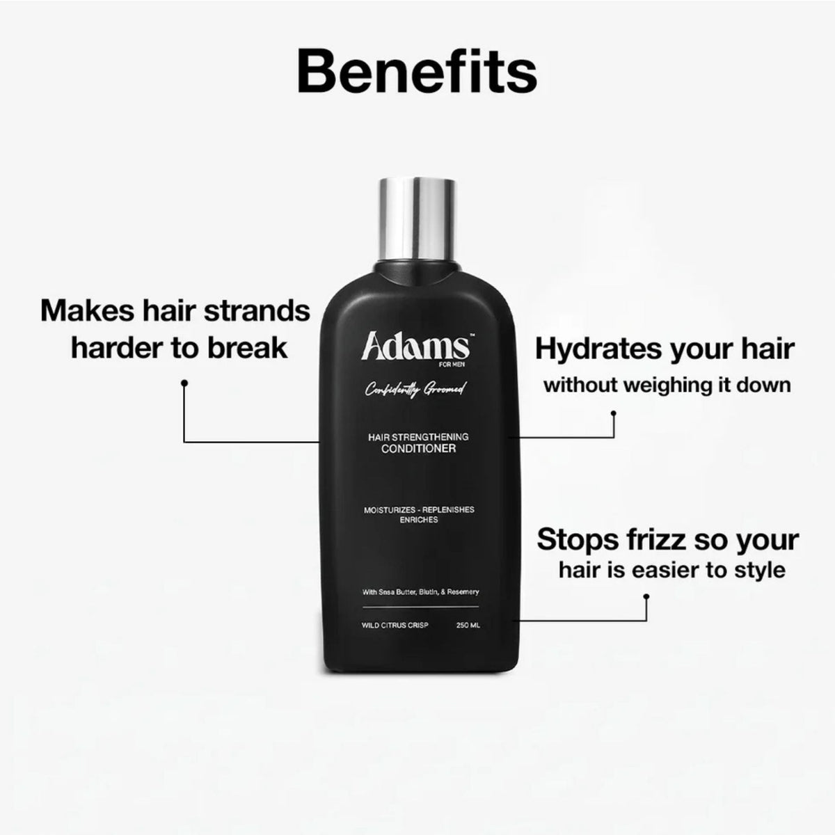 Refect Beauty Adams for Men hair strengthening conditioner bottle with benefits text overlay on a white background