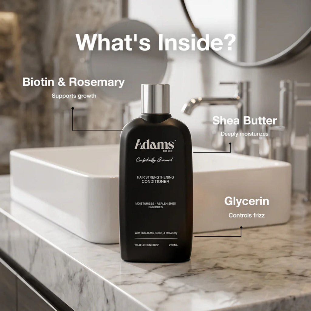 Refect Beauty Adams for Men Hair Strengthening Conditioner bottle on a marble bathroom counter with ingredient labels