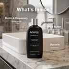 Refect Beauty Adams for Men Hair Strengthening Conditioner bottle on a marble bathroom counter with ingredient labels