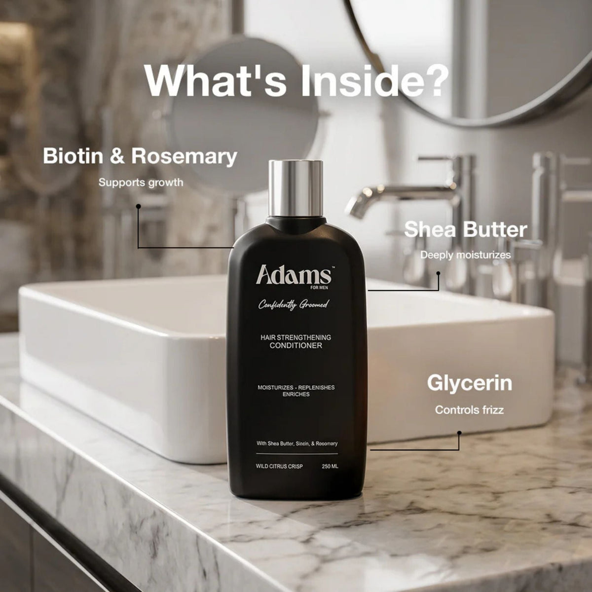 Refect Beauty Adams for Men Hair Strengthening Conditioner bottle on a marble bathroom counter with ingredient labels