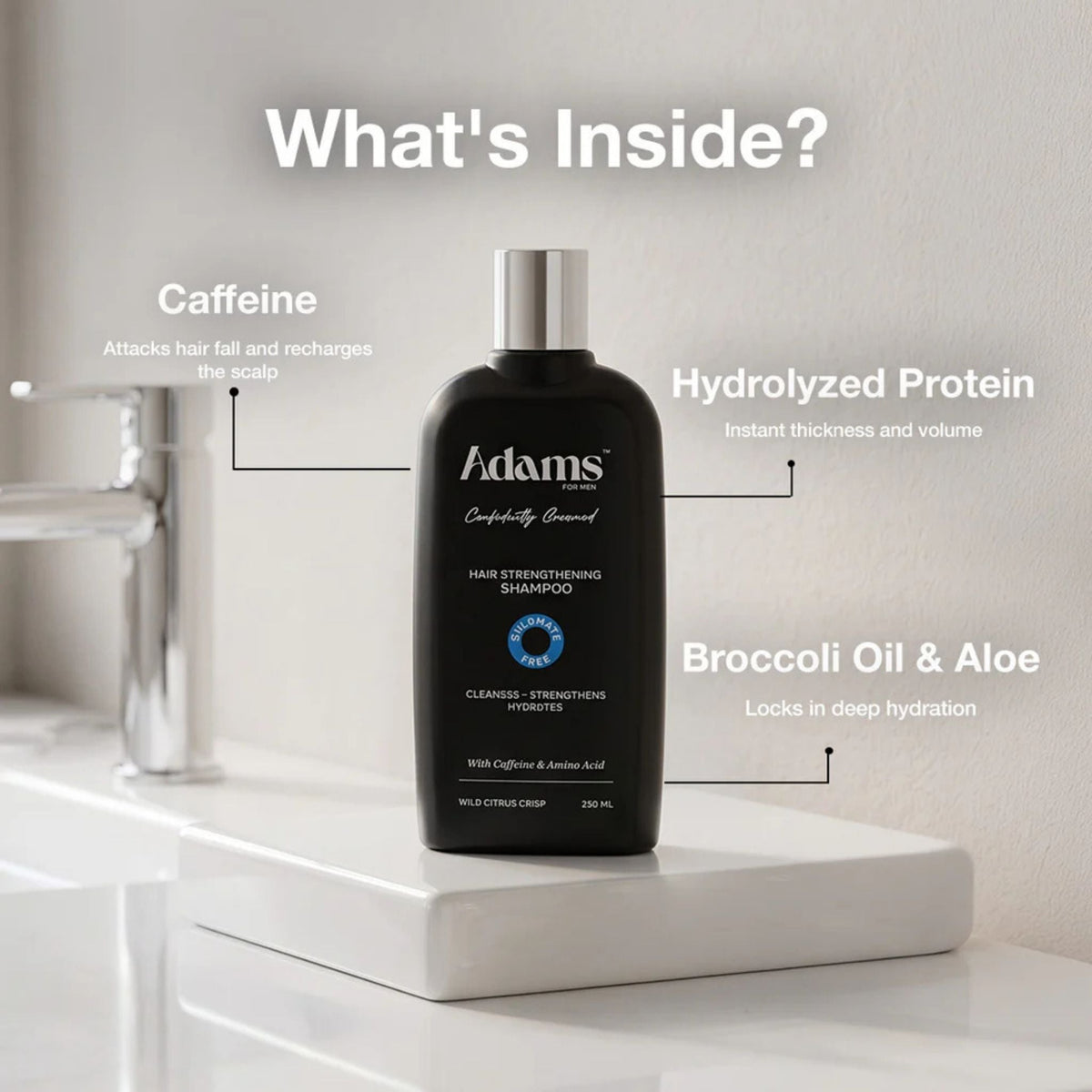 Refect Beauty Adams hair strengthening shampoo bottle for men with caffeine, hydrolyzed protein, and citrus scent