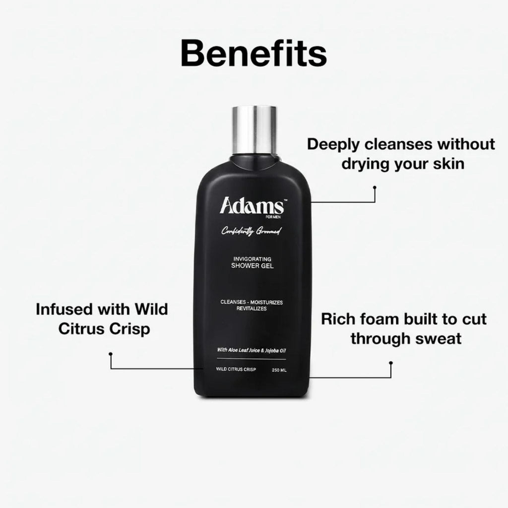 Refect Beauty Adams invigorating shower gel for men in a black bottle with citrus scent and aloe vera extract.