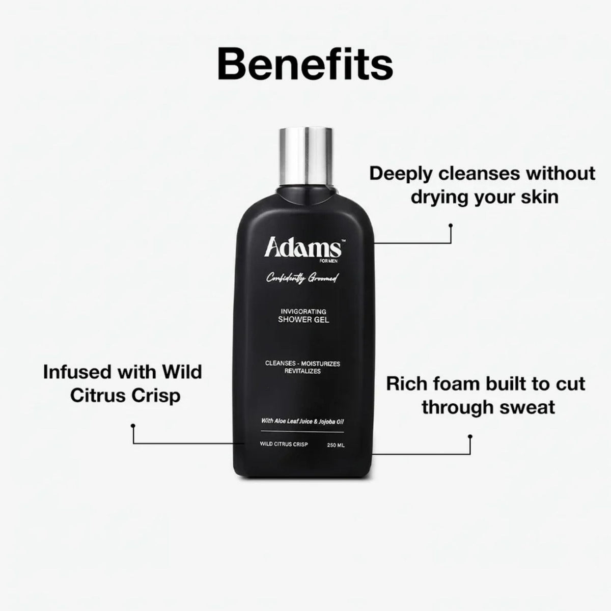 Refect Beauty Adams invigorating shower gel for men in a black bottle with citrus scent and aloe vera extract.