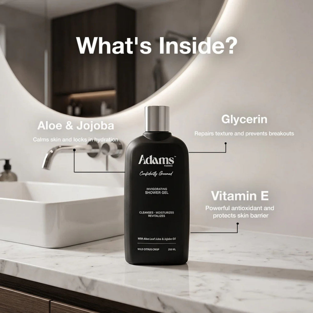 Refect Beauty Adams invigorating shower gel bottle on a marble bathroom counter with ingredient highlights
